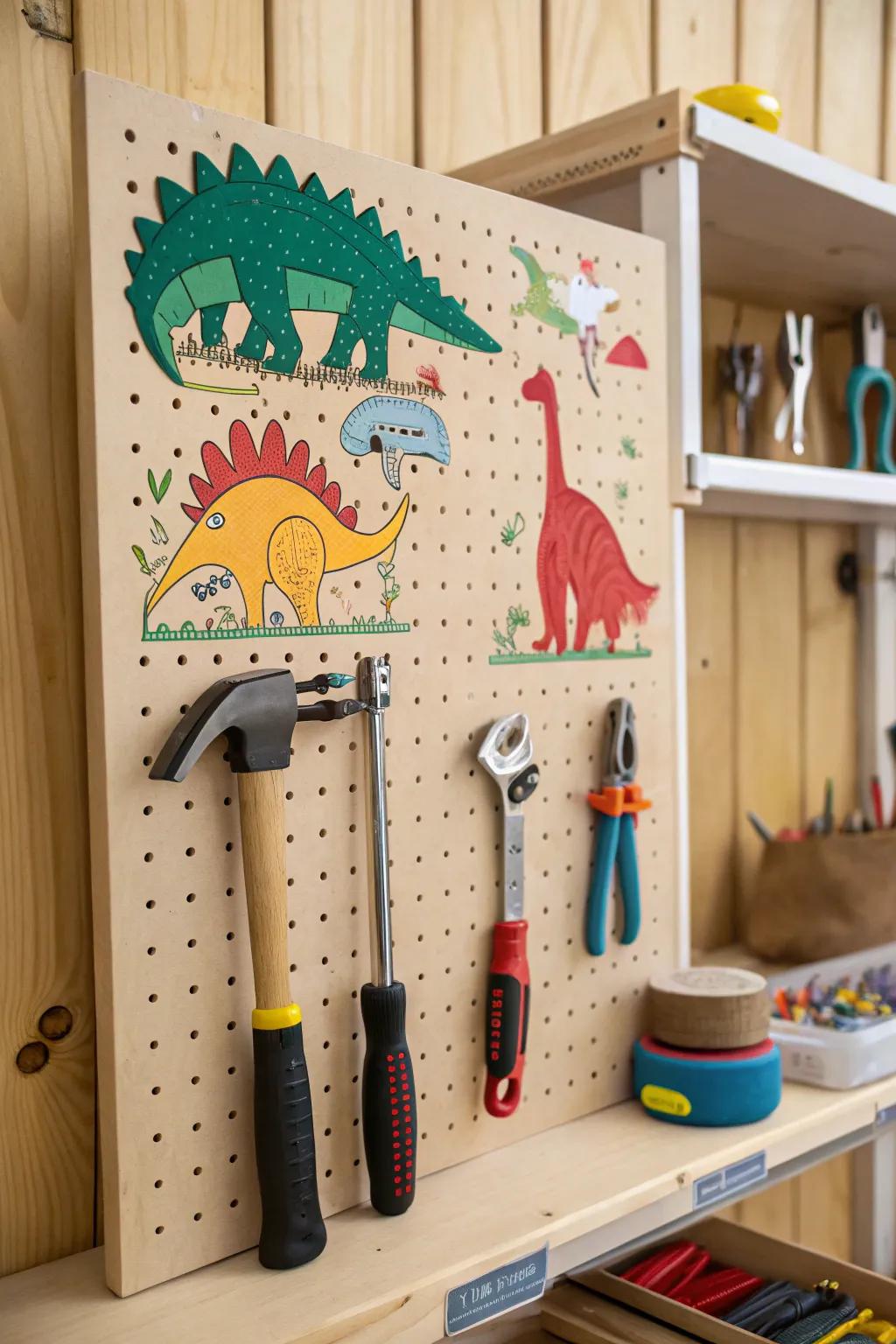 A ferocious lizard-styled pegboard keeping tools organized.