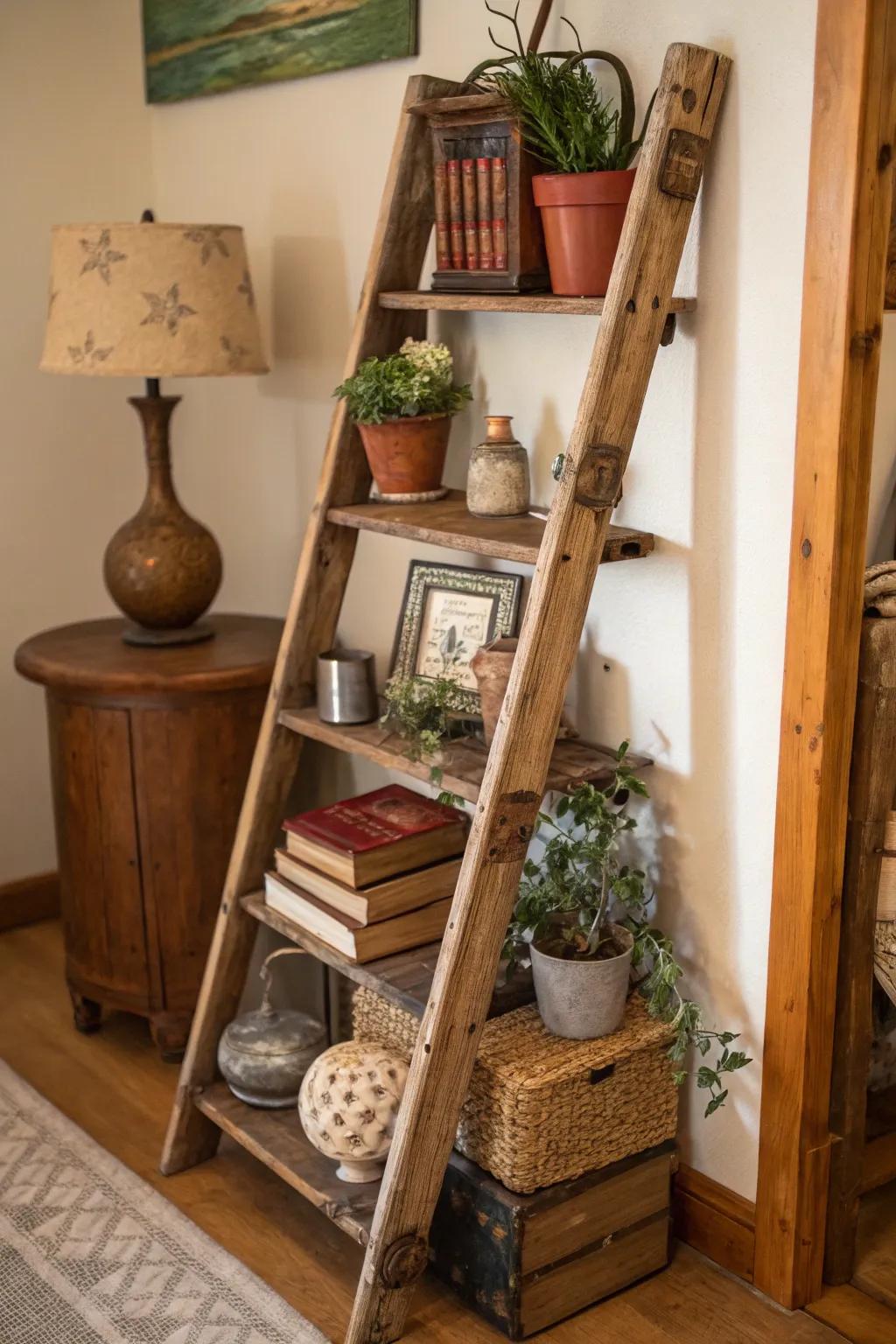 Rustic charm of ladder shelves.