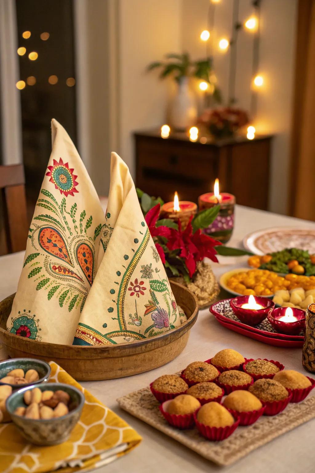 Exquisite napkin artistry inspired by traditional art forms add a unique touch to the surface.