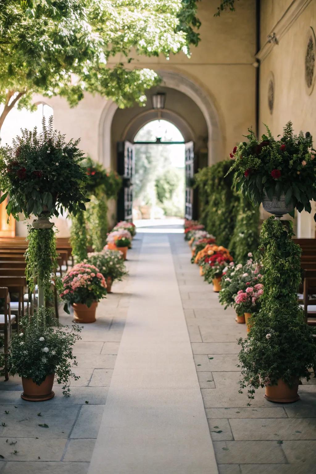 Container plants present an environmentally conscious and charming aisle decoration.