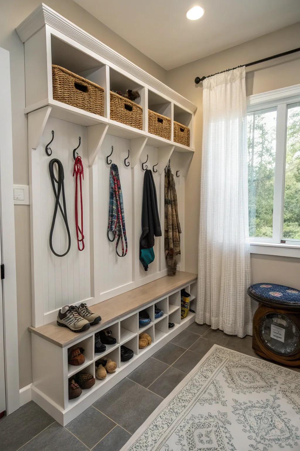 A mudroom that caters to pets and people.