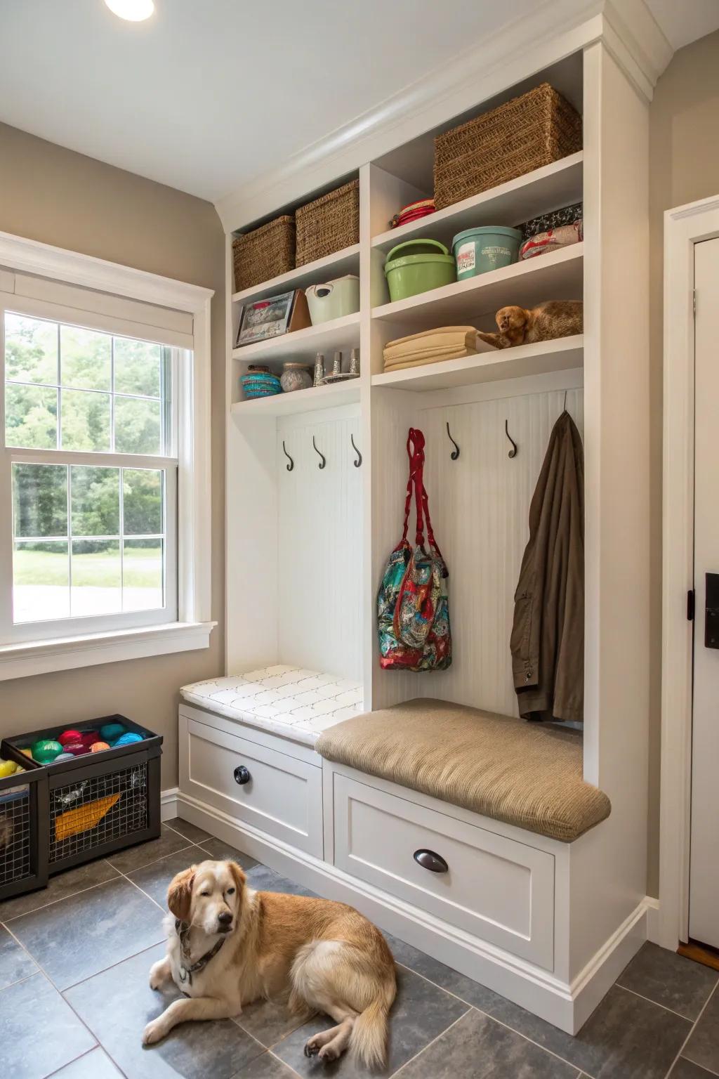 A mudroom presenting a dedicated dog nook and structured pet accessory storage.
