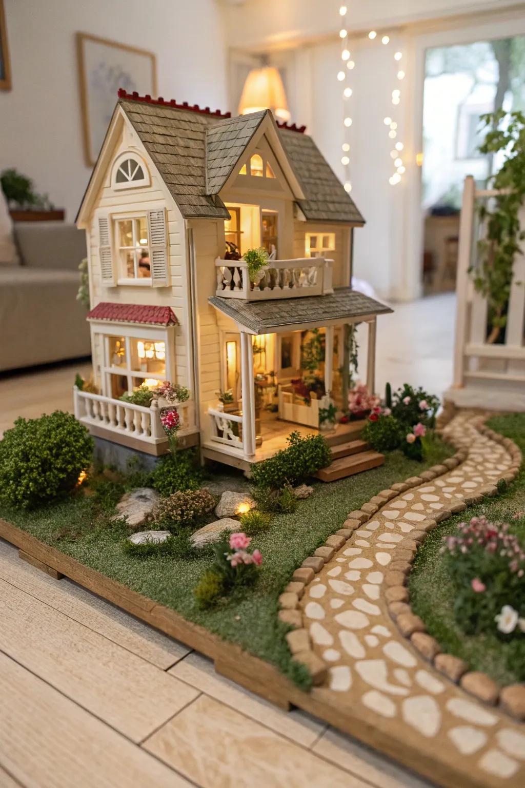 A miniature garden adds a lively touch to dollhouse arrangements.