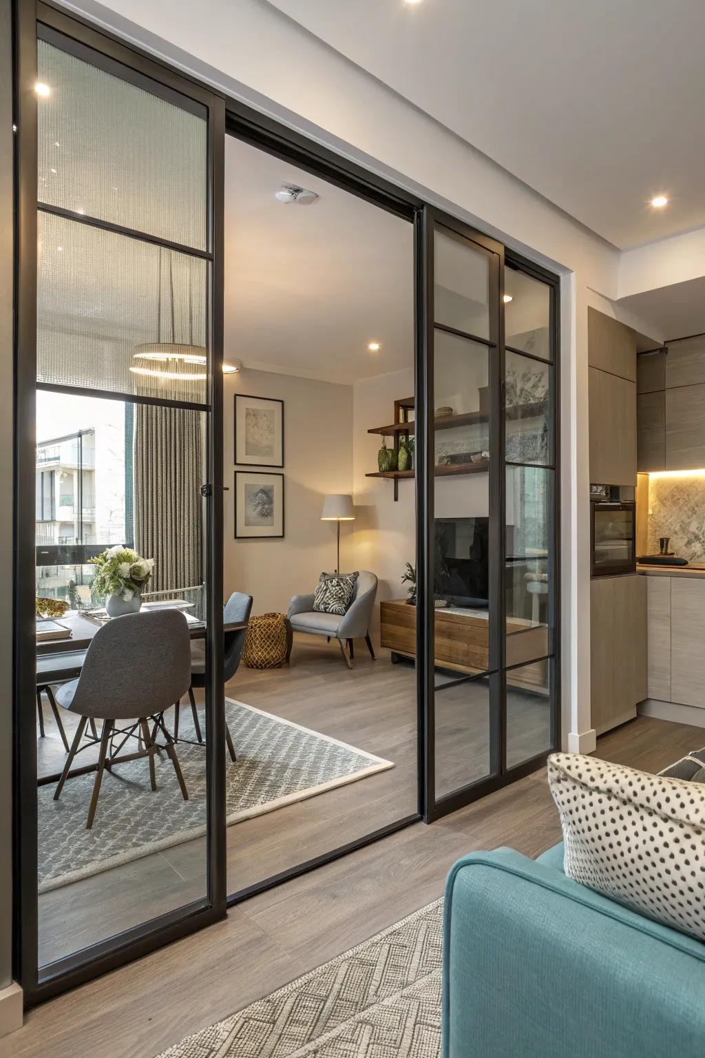 Colored glass doors elevate the modern aesthetic of this chic studio apartment.