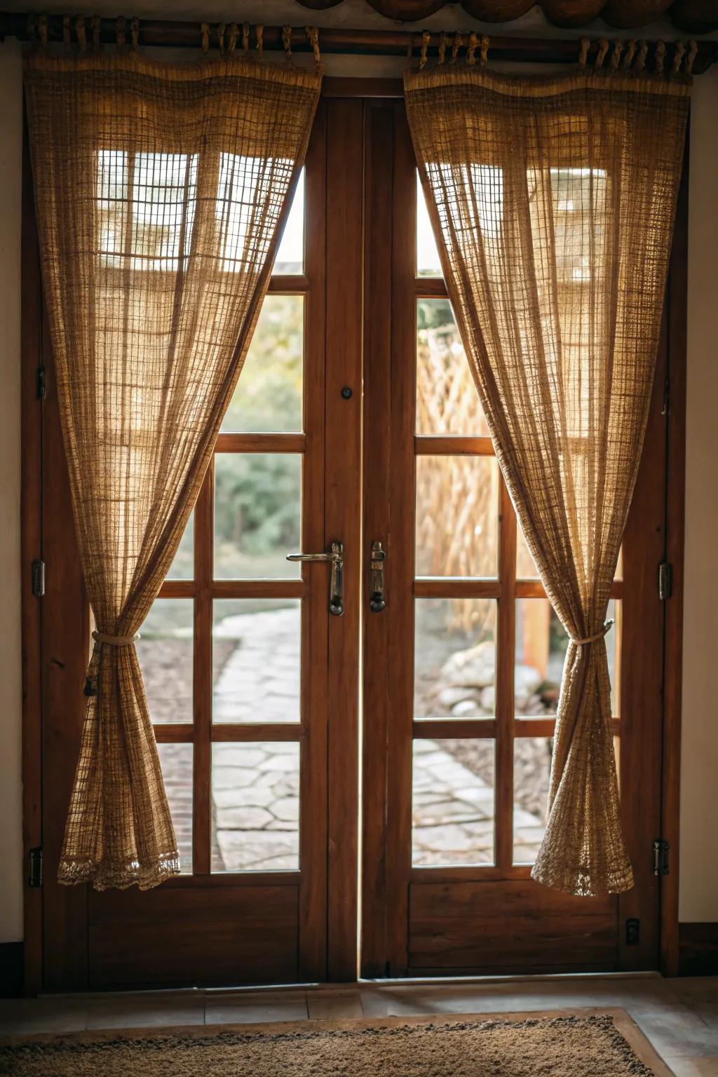 Woven wood drapery brings natural beauty and privacy to door windows.