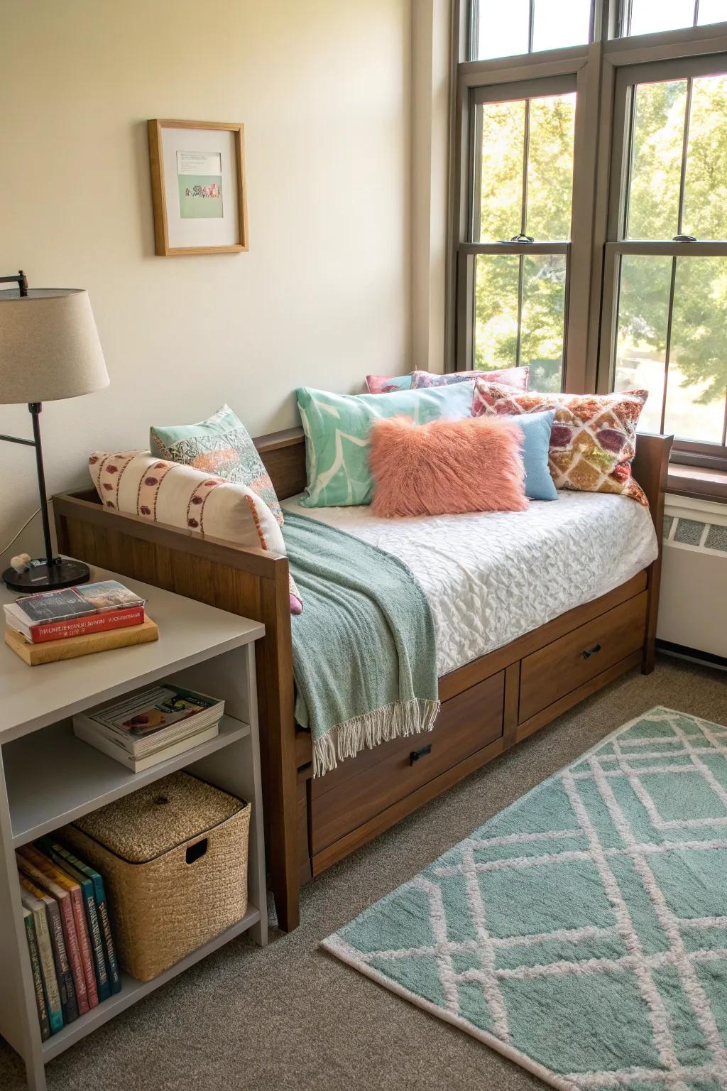 In this dorm, a daybed works as both a couch and a bed.