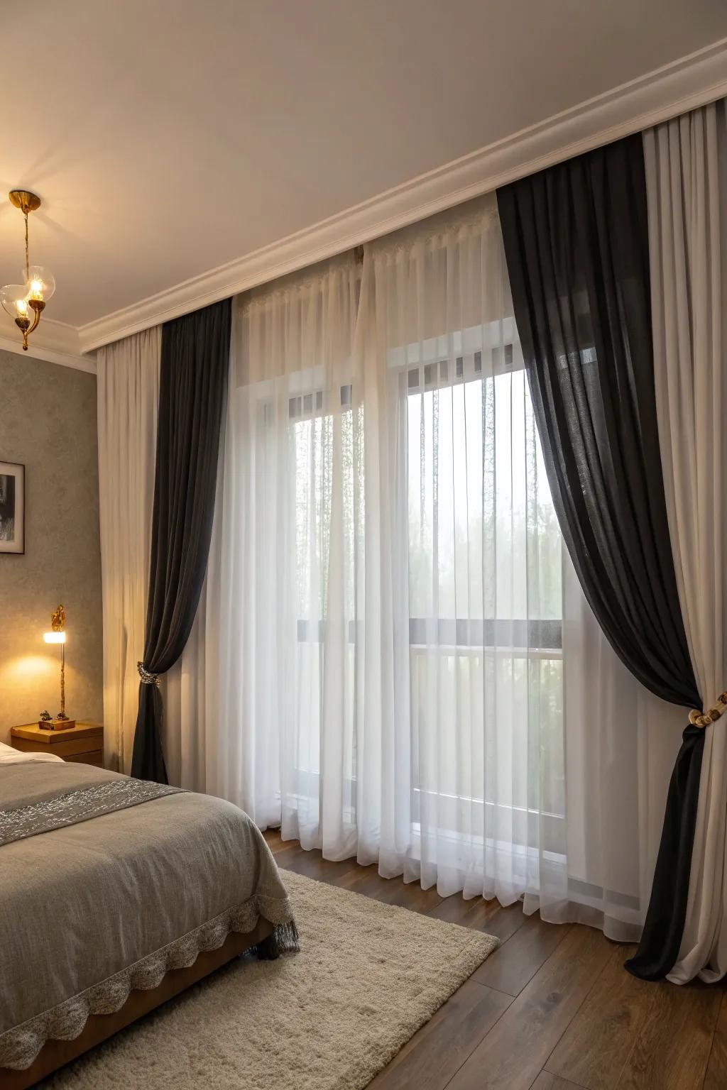 Blackout layers ensure privacy and optimal light control in this serene bedroom.