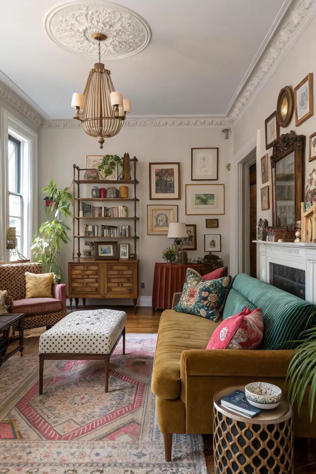 A varied mix of design styles creates a unique and harmonious space.