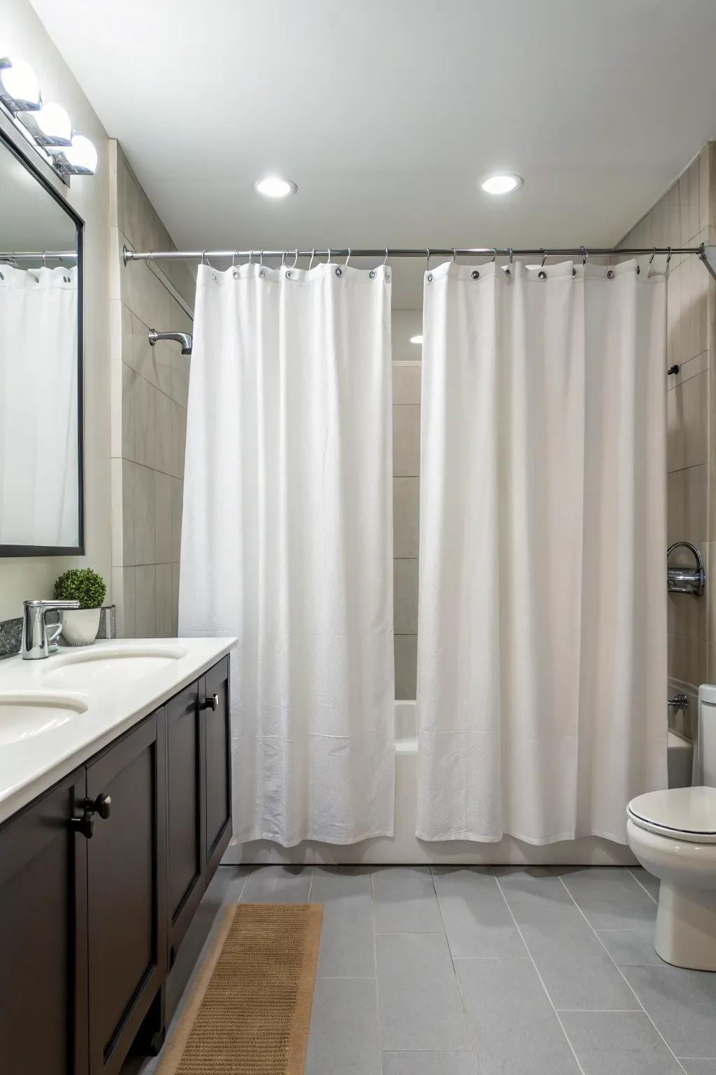 Symmetry in drape design enhances balance in a minimalist bathroom.