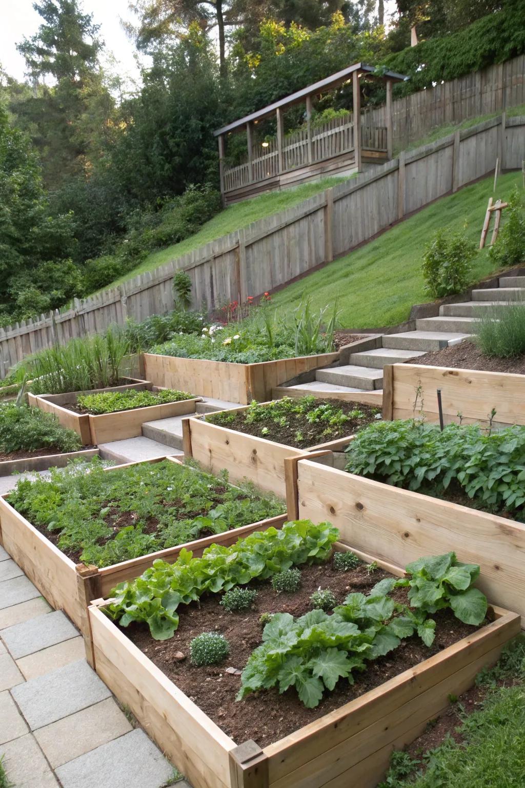An edible garden on a slope provides fresh produce and efficient utilization of space.