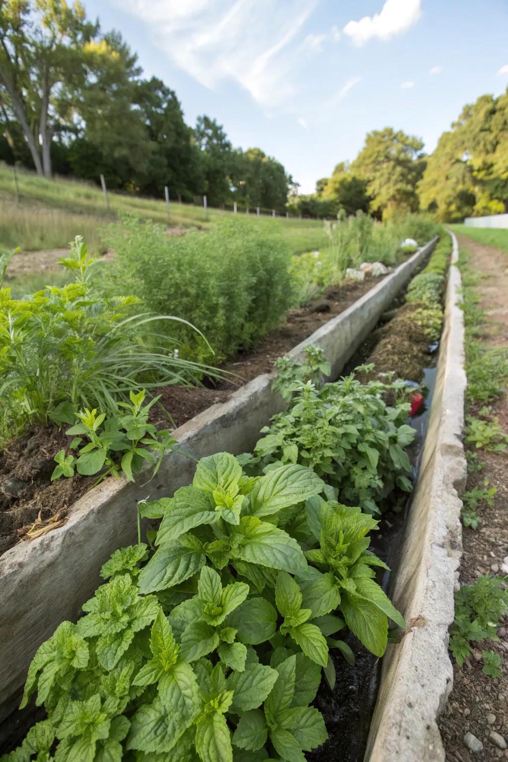 Edible plants along a swale creating beauty and a harvest.