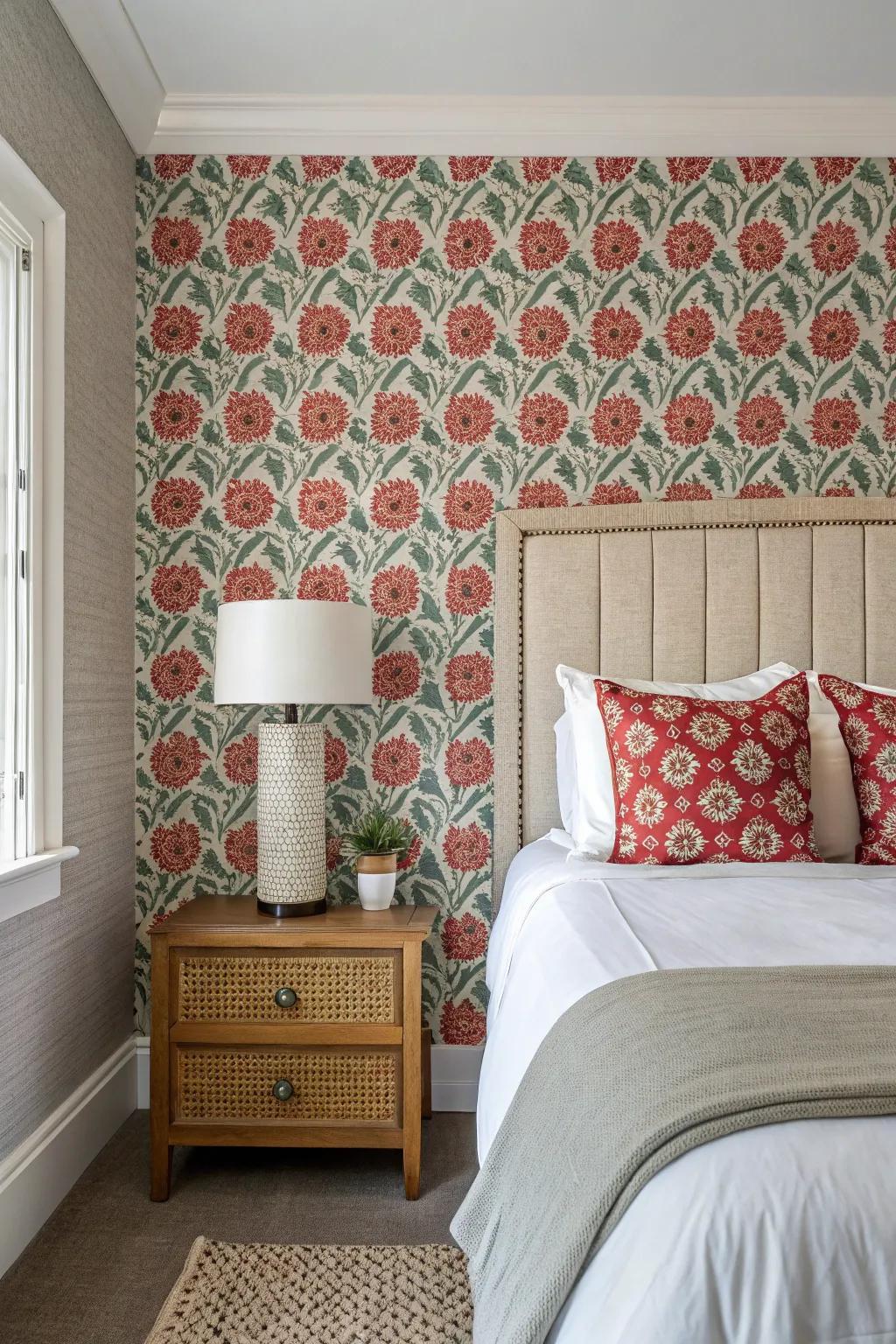 A bedroom wall adorned with bold removable wallpaper.