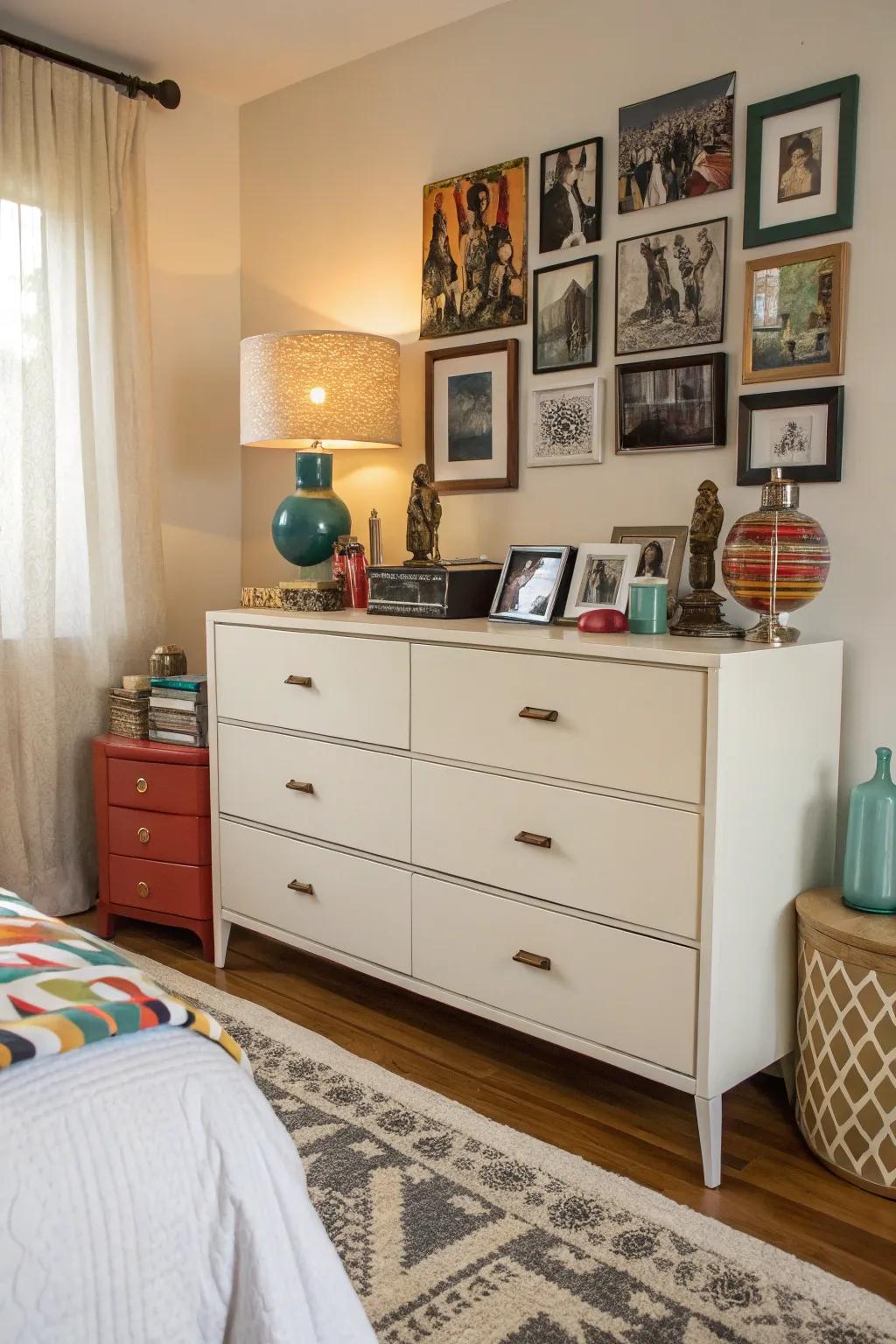 Eclectic treasures create a unique, bohemian dresser aesthetic.