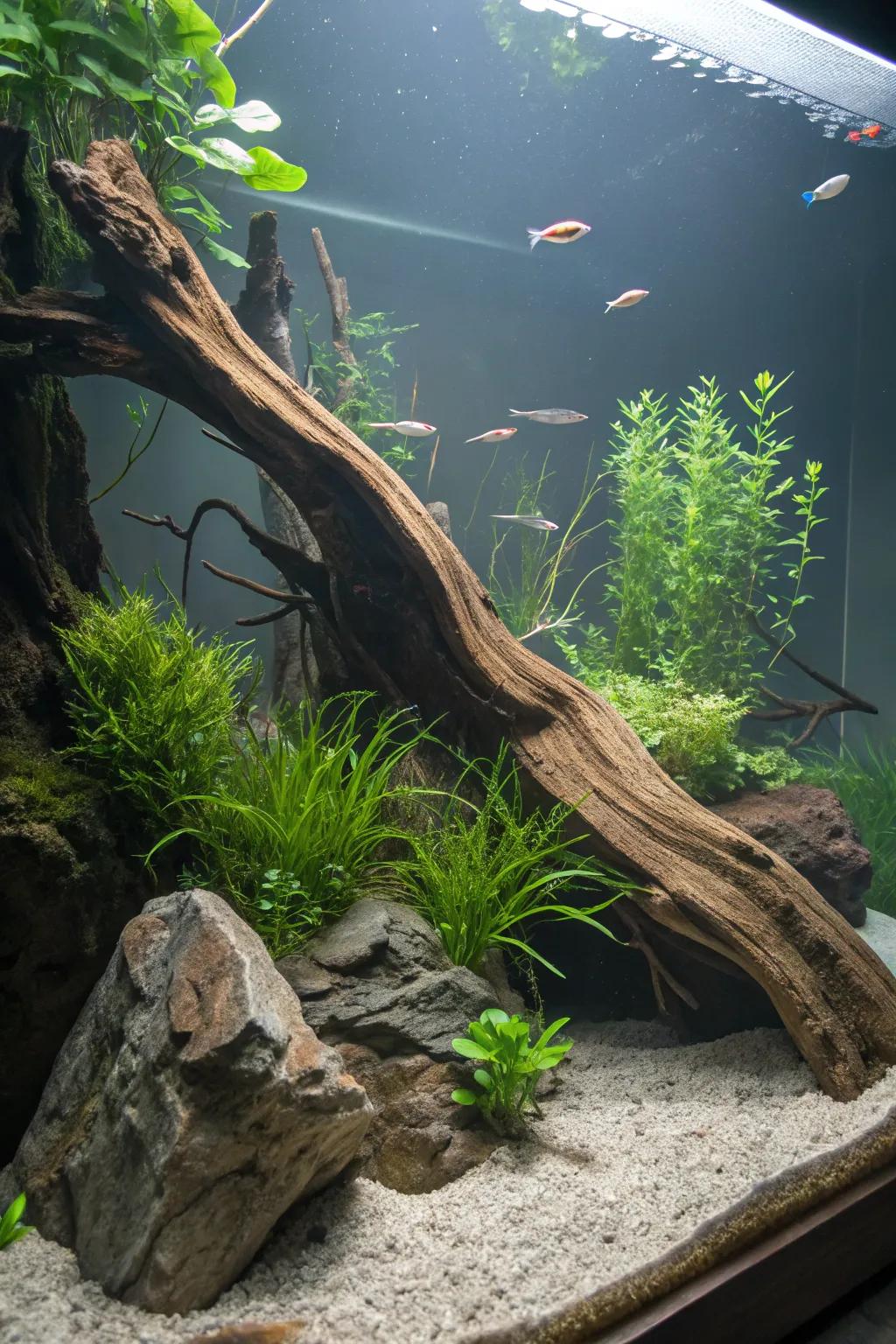 A serene riverside aquarium featuring timber and flowing aquatic flora.