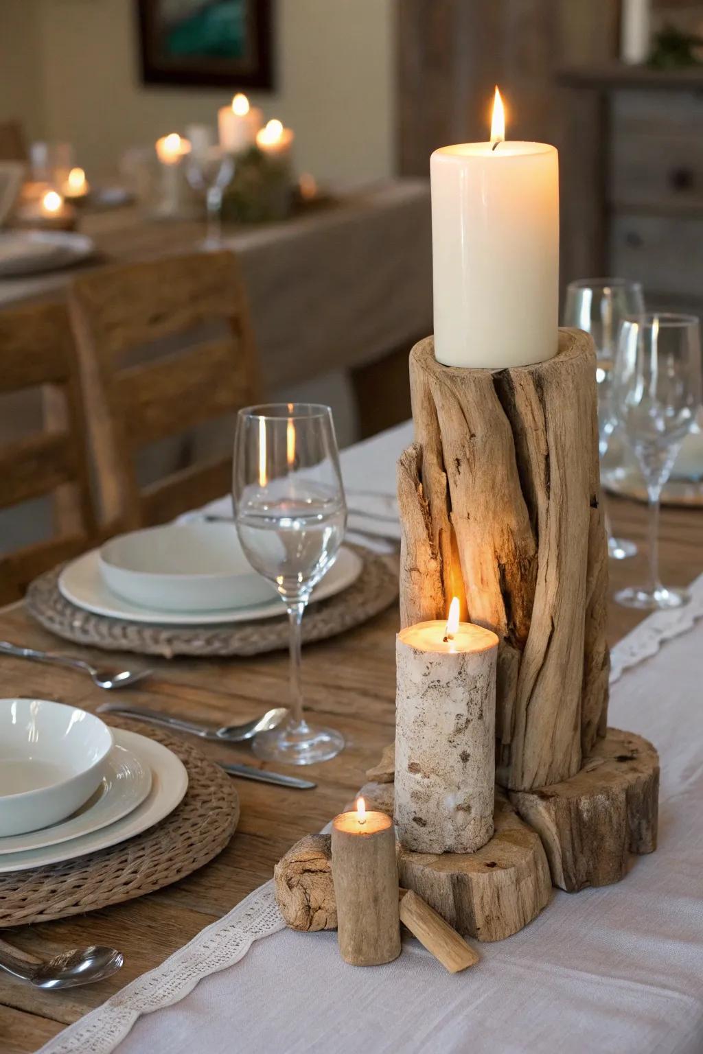 Found-wood candle stands provide countryside elegance.