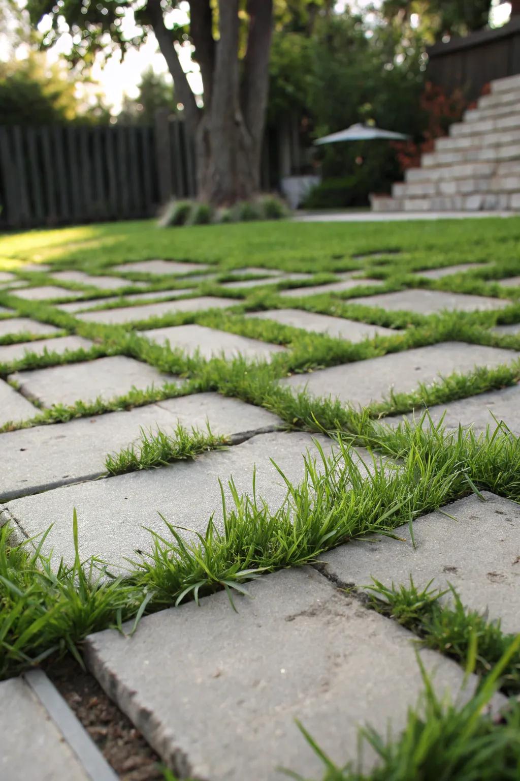 Pavers merged with grass for a balanced visual.