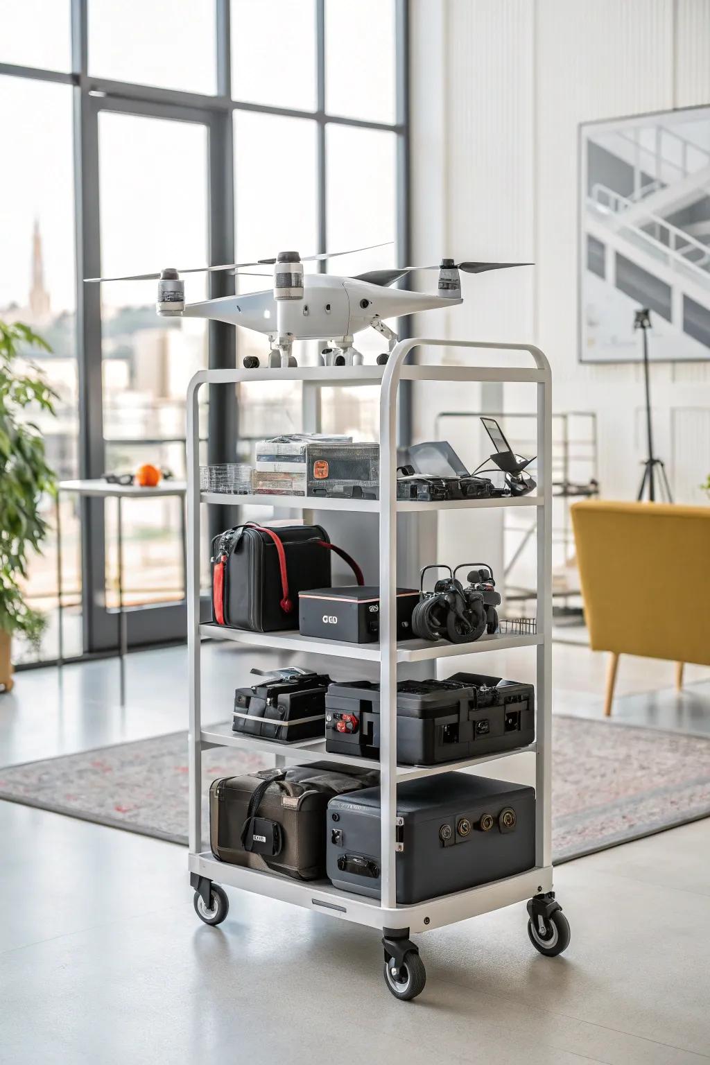 Rolling storage carts offer flexible and portable drone storage.