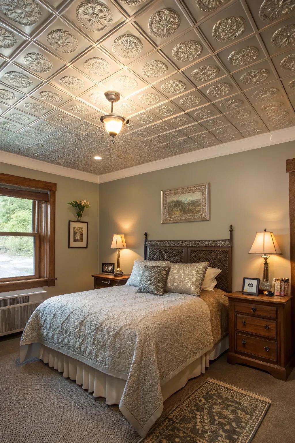 Affordable elegance with faux tin ceiling squares.