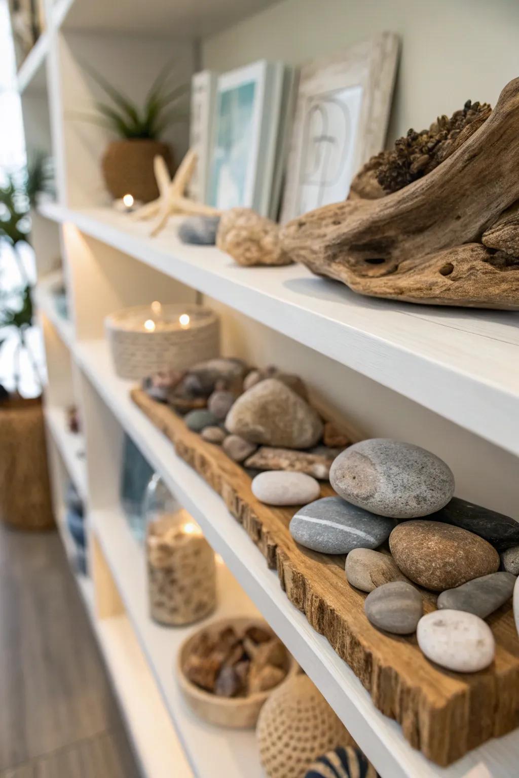 Shelf showcasing natural keepsakes such as stones and driftwood.