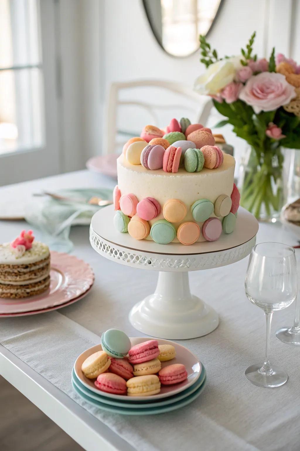 Mini macarons contribute a Parisian flair to this Easter cake.
