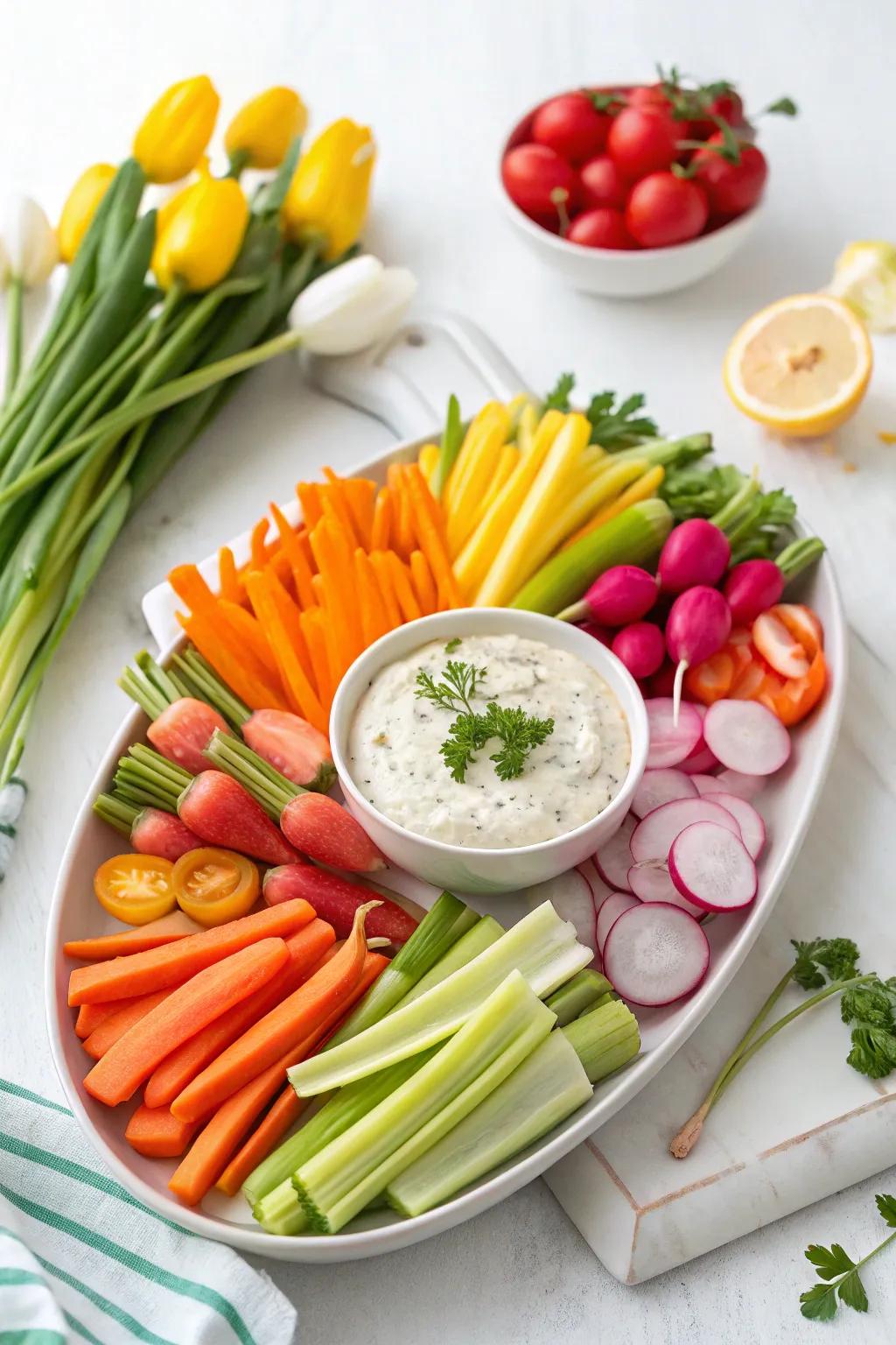 A refreshing spring veggie crudit&eacute; platter to complement your Easter feast.