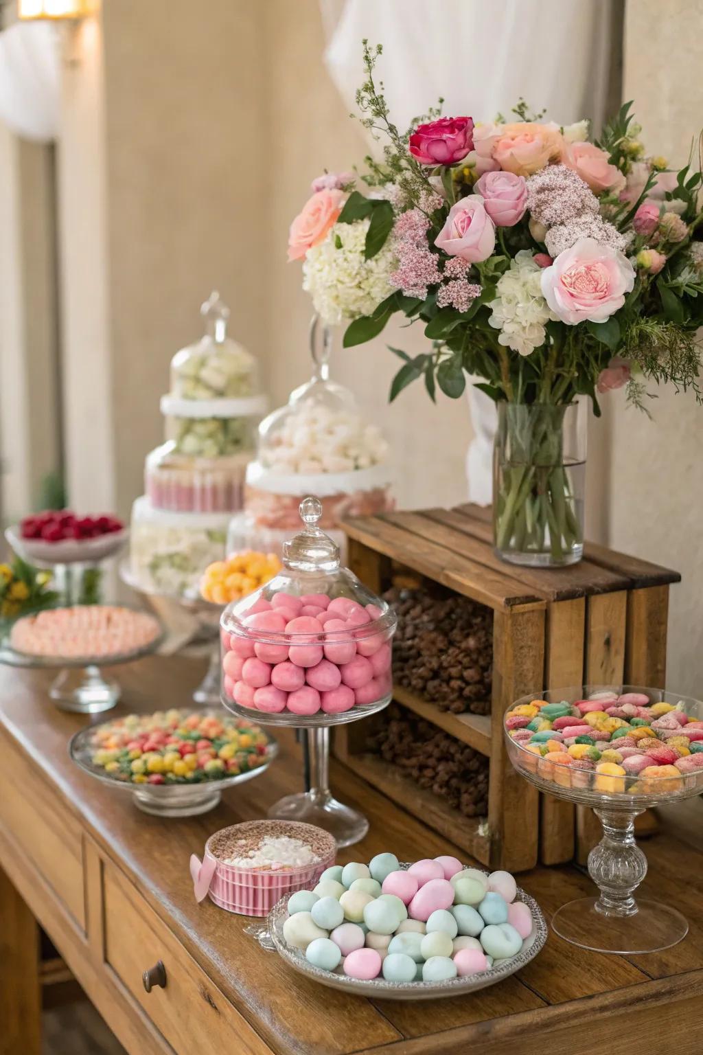 Fresh blooms beautifully complementing the candy display.