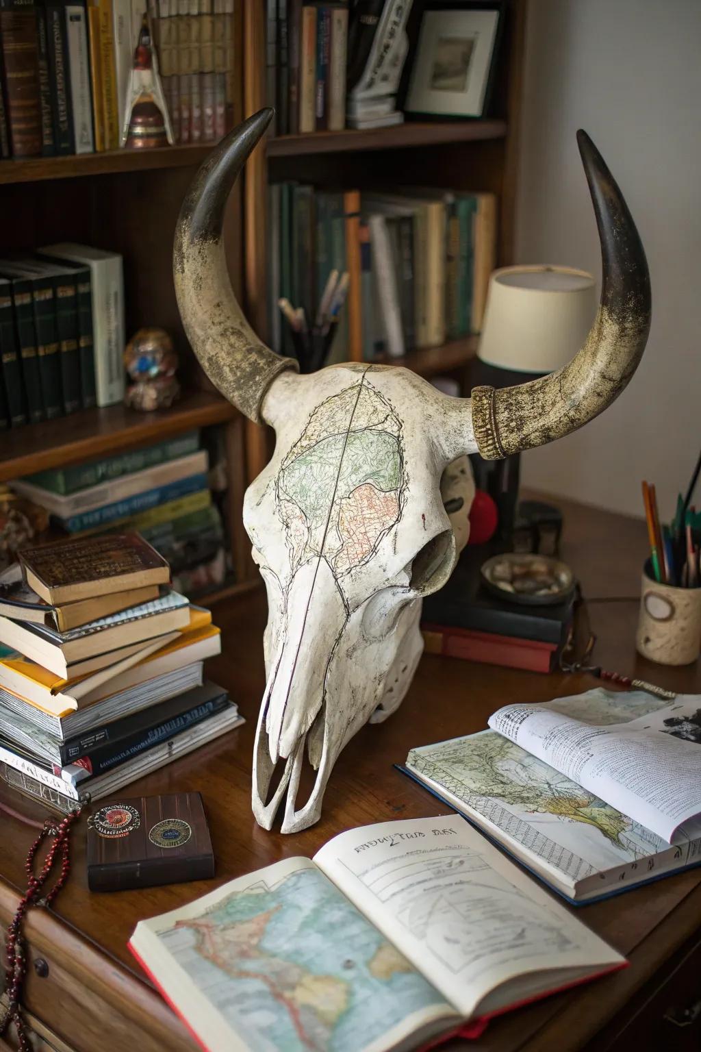 Vintage maps add an adventurous touch to cow skull art.