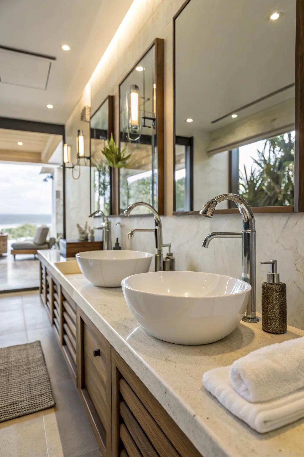 A contemporary bathroom outfitted with sleek low-flow spouts and fittings.