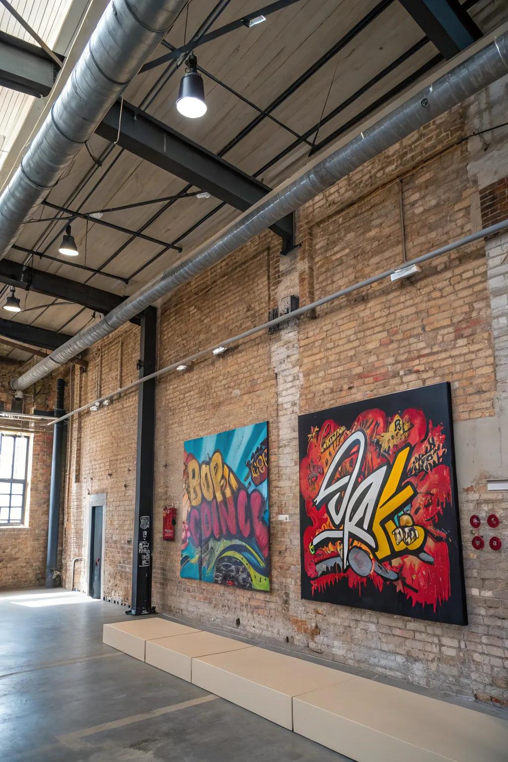 Urban street art introduces unrefined authenticity indoors.