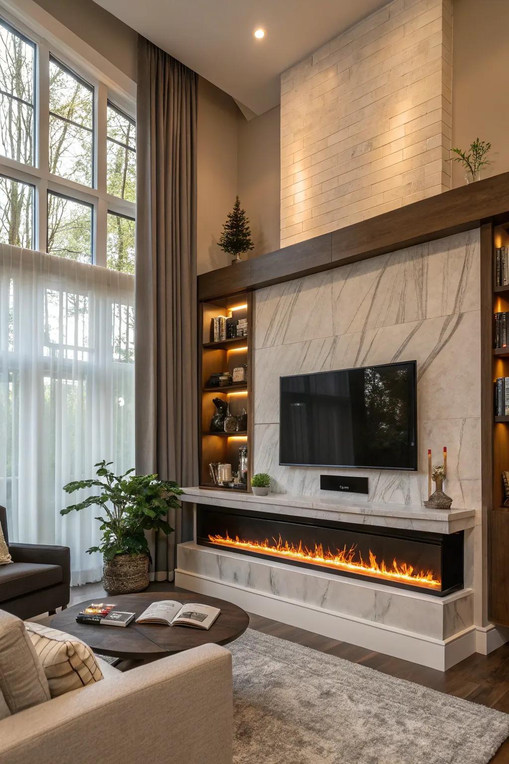 A custom built-in design seamlessly integrates the electric fire feature.
