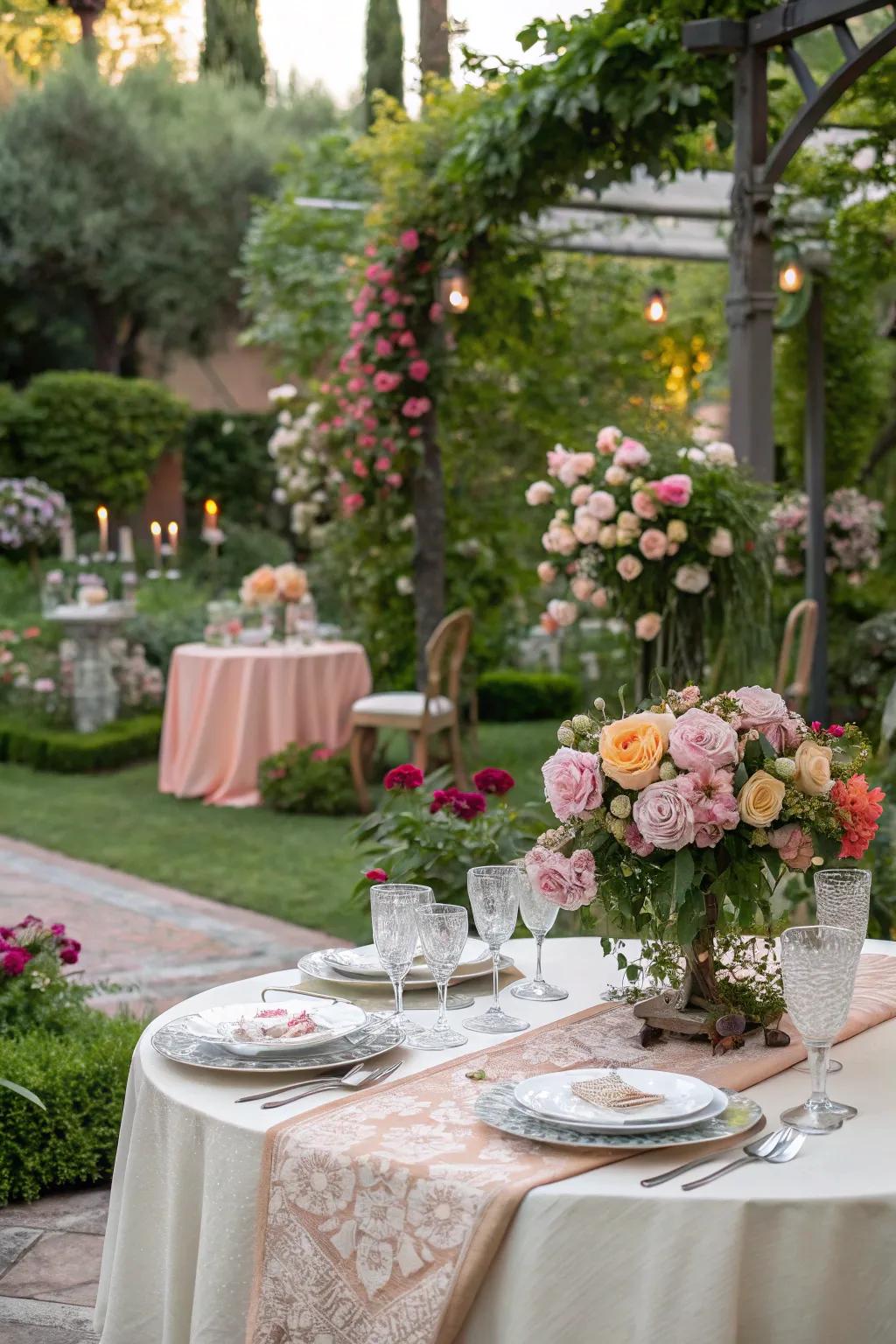 Elegant outdoor gathering setup featuring natural elements.