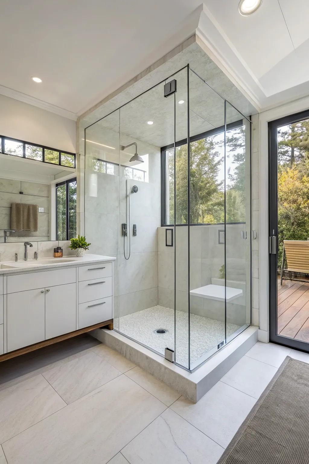Edgeless glass showers enhance the openness of this chic bathroom.