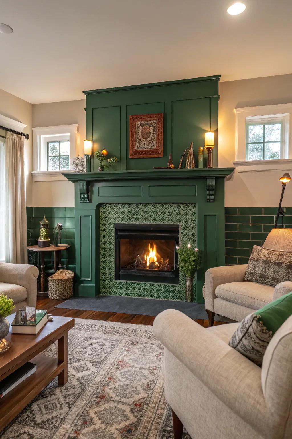 An emerald green fireplace creates a cozy focal point.