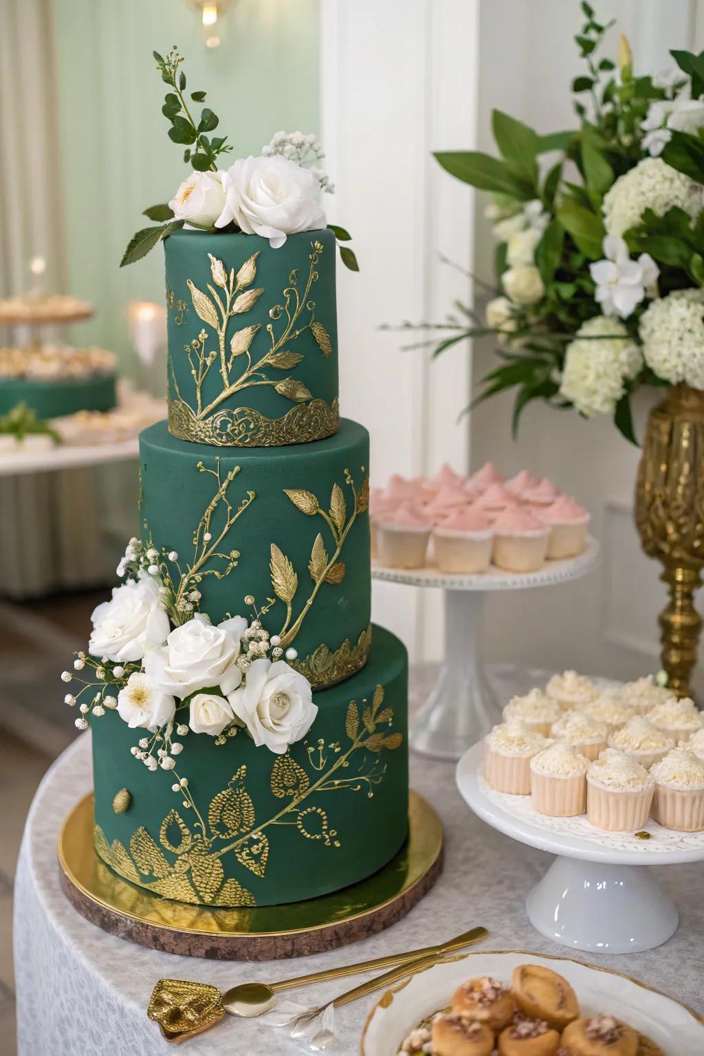 A stunning emerald celebration pastry with shimmering accents.