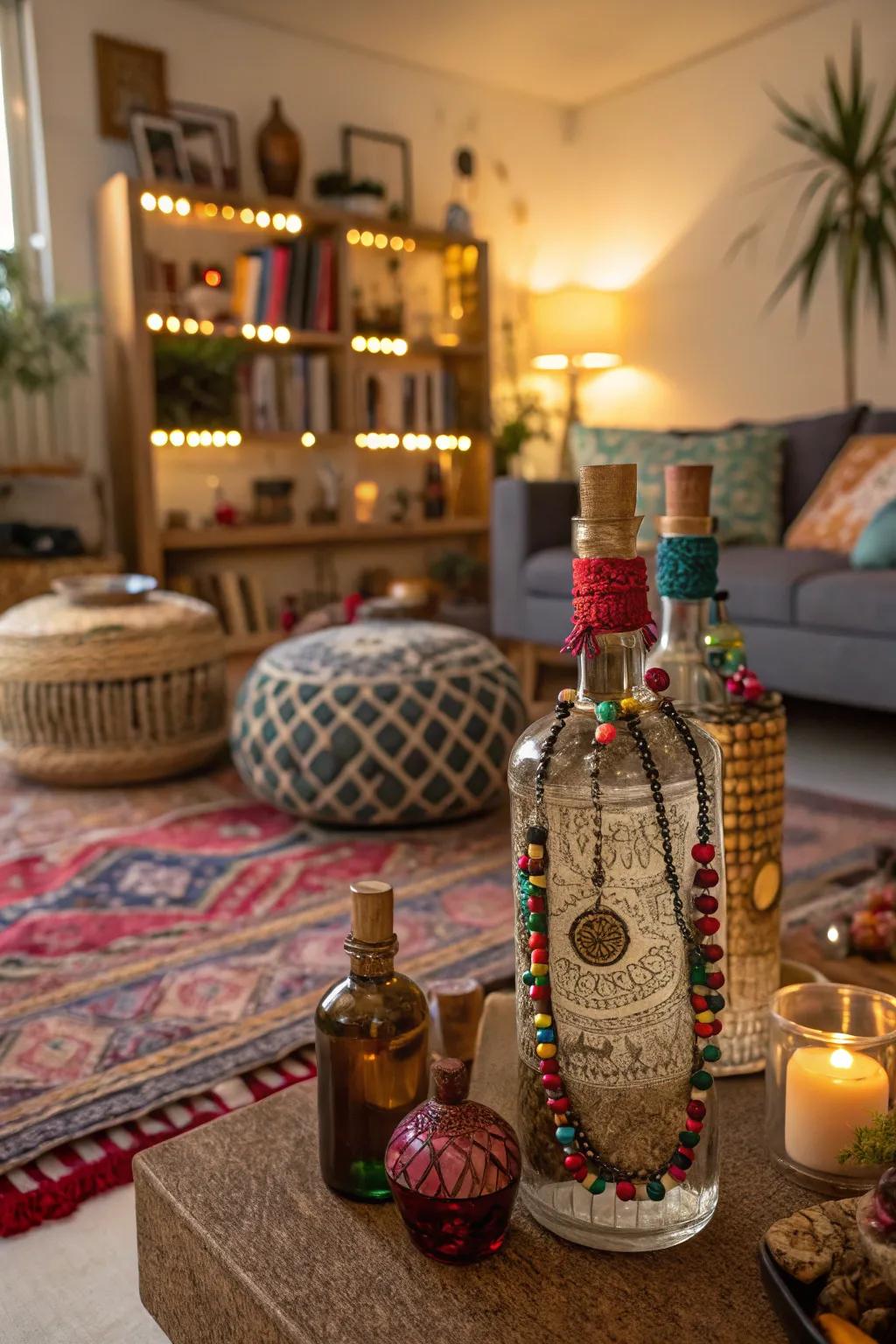 Bring in a bohemian charm using attractive bottle decorations.