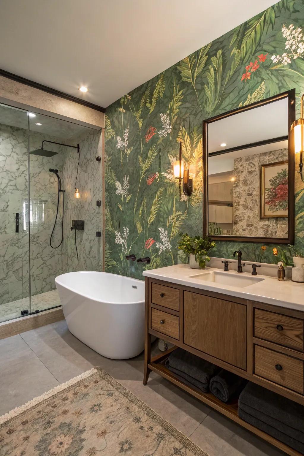 A charming botanical wallpaper creating a peaceful retreat.