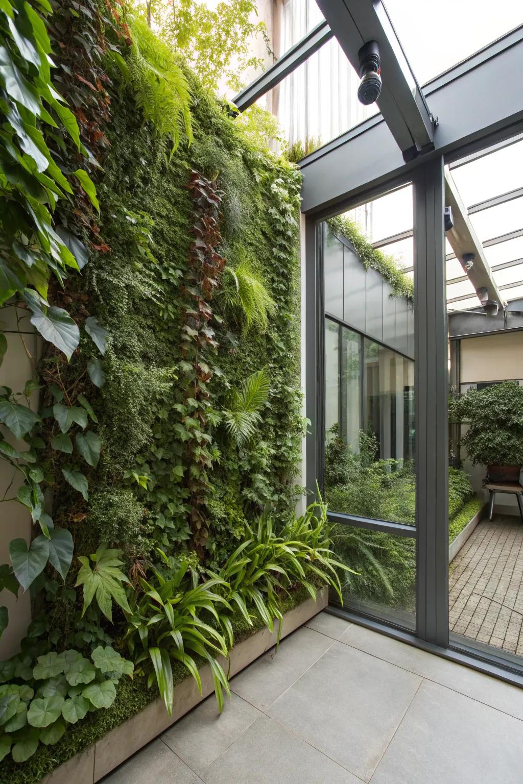 A vibrant upright garden adds a touch of nature to the enclosed patio.