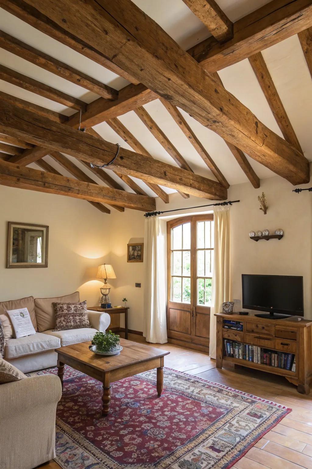 Wooden ceiling beams impart rustic charm.