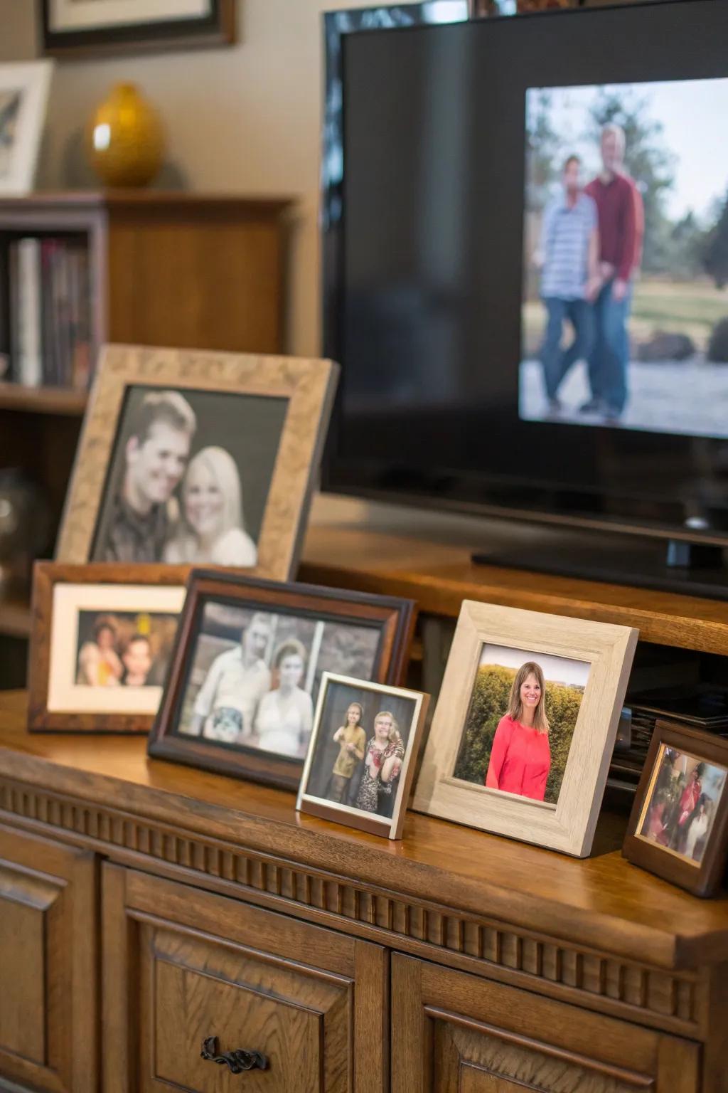 An array of family portraits adds a personal element to this media hub.