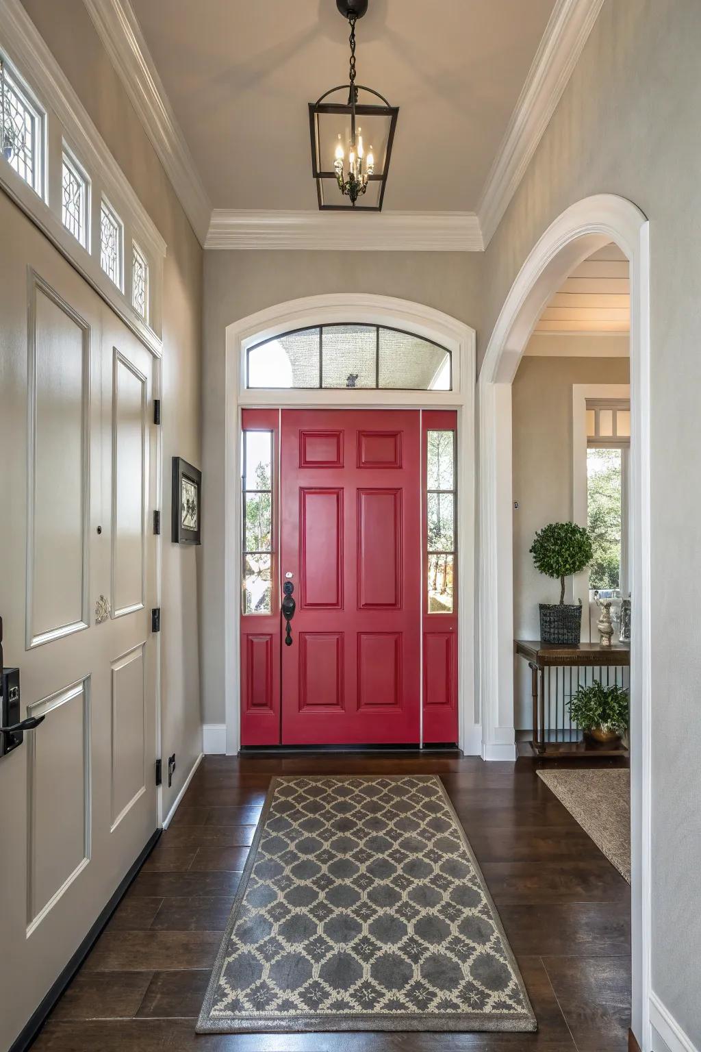 A boldly colored door becomes a focal point in the entrance.