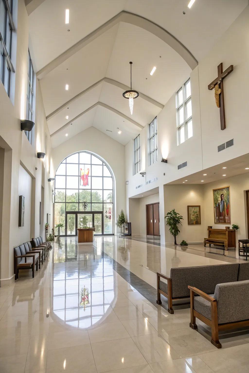 A modern and simple design in the church lobby respects tradition while feeling current.