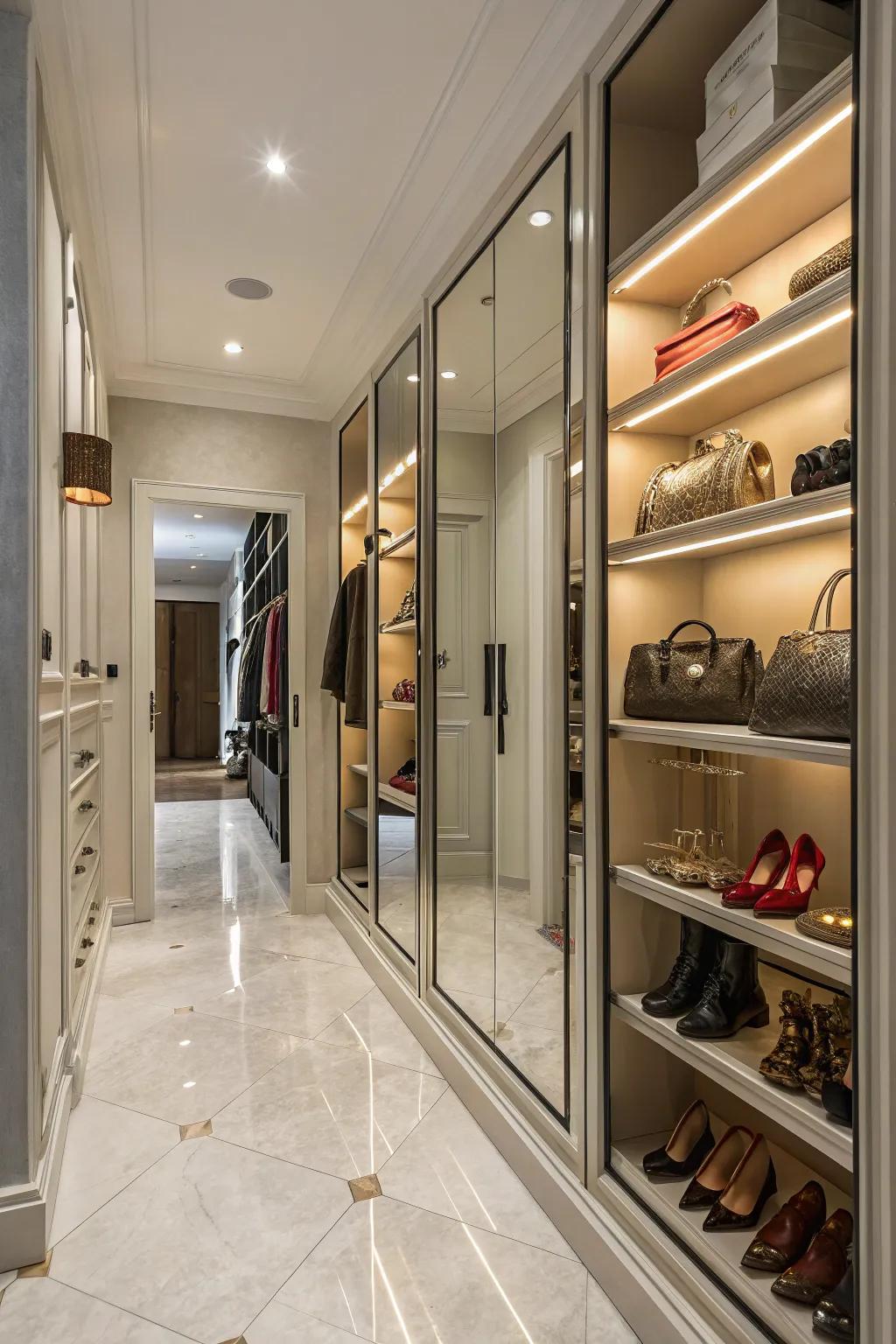 Mirrored doors enhance light and create a sense of spaciousness.