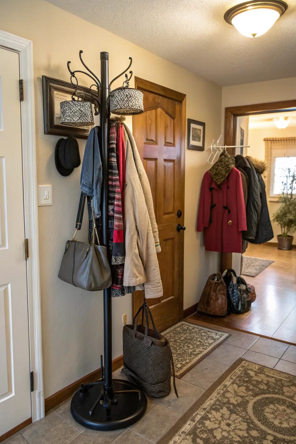 A rotating coat stand is efficient and saves space.