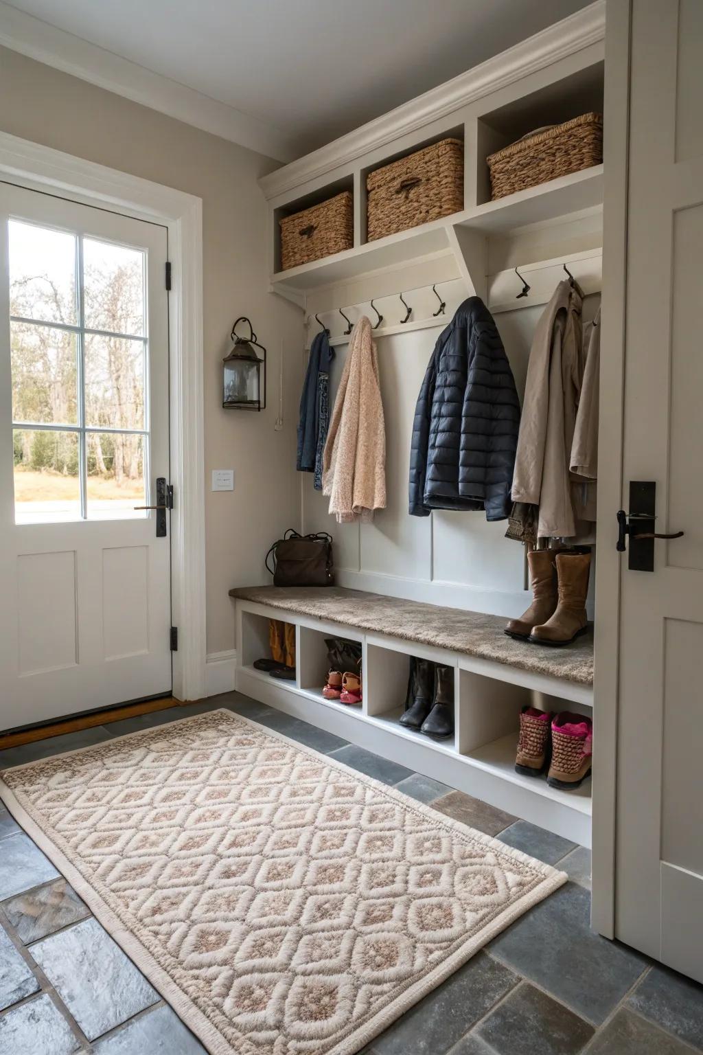 A cozy mat introduces warmth and style to this mudroom.