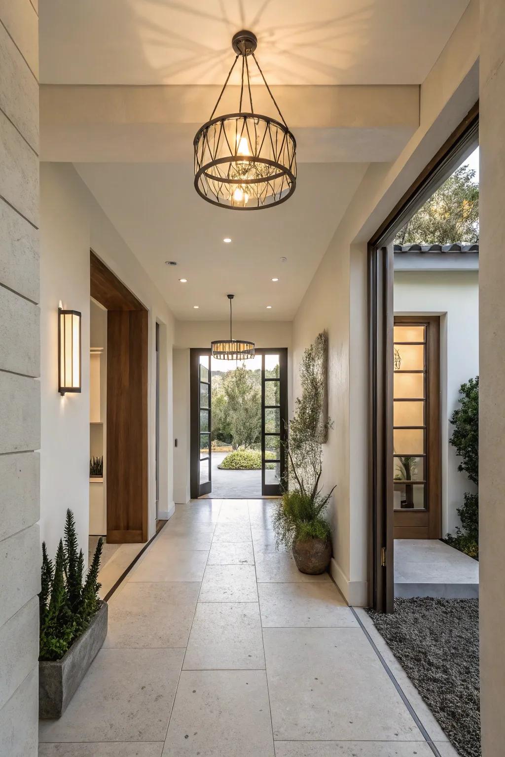 A minimalist foyer featuring a simple lighting fixture for an open and airy feel.