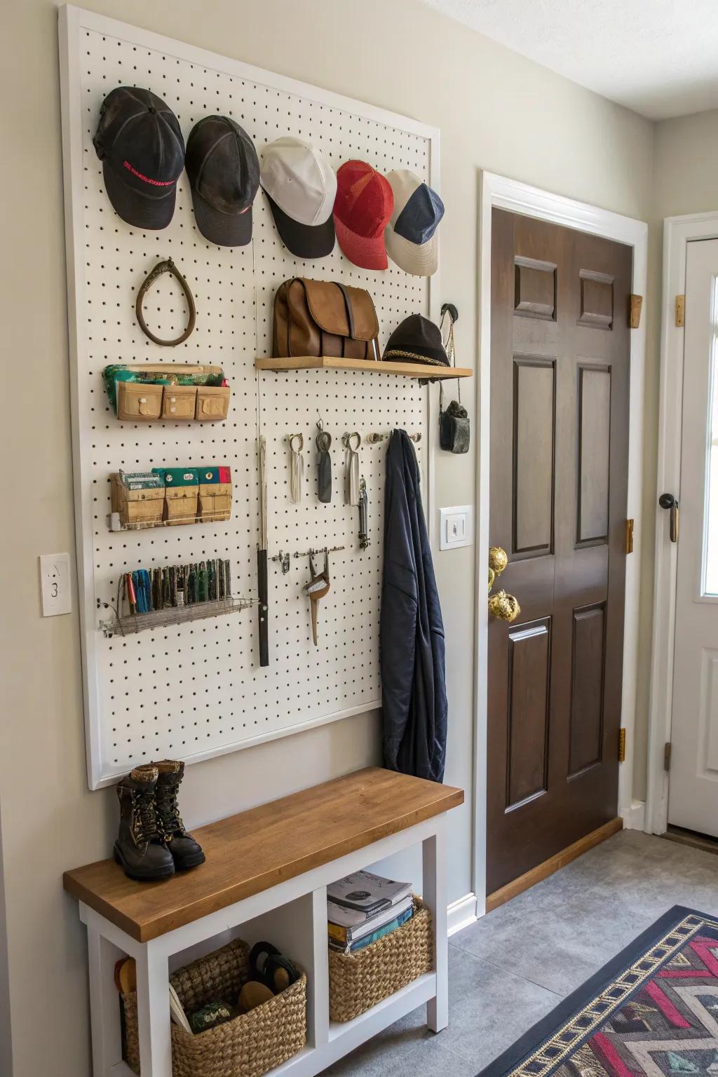 A pegboard wall delivers customizable storage possibilities.