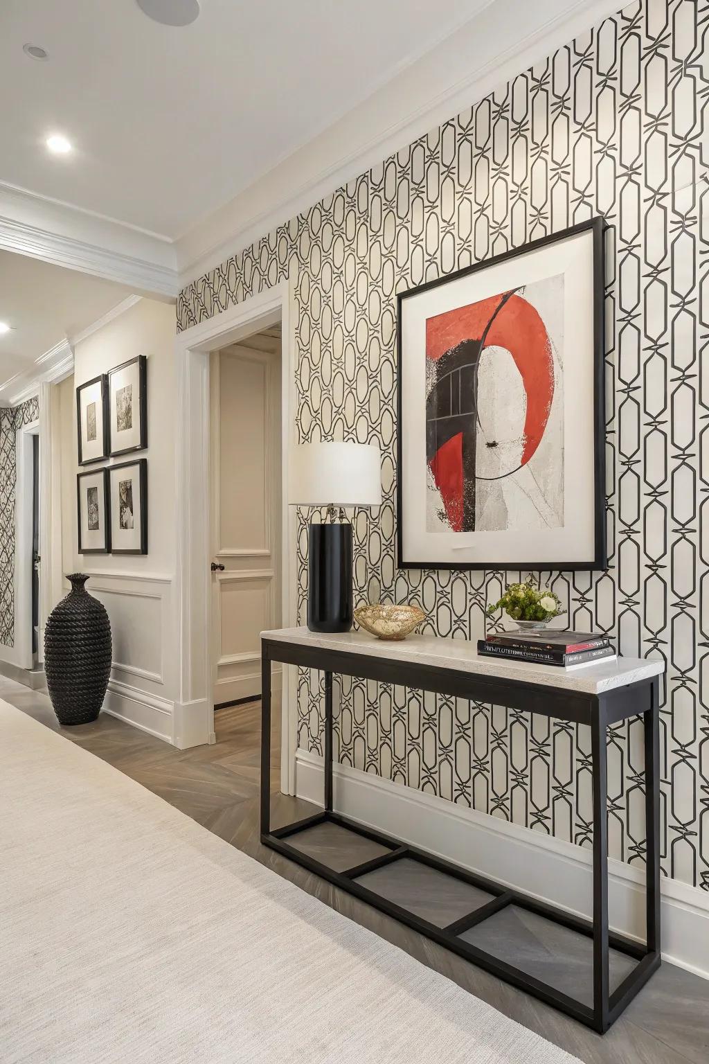 Sleek entryway featuring minimalist monochrome wallpaper for a modern look.