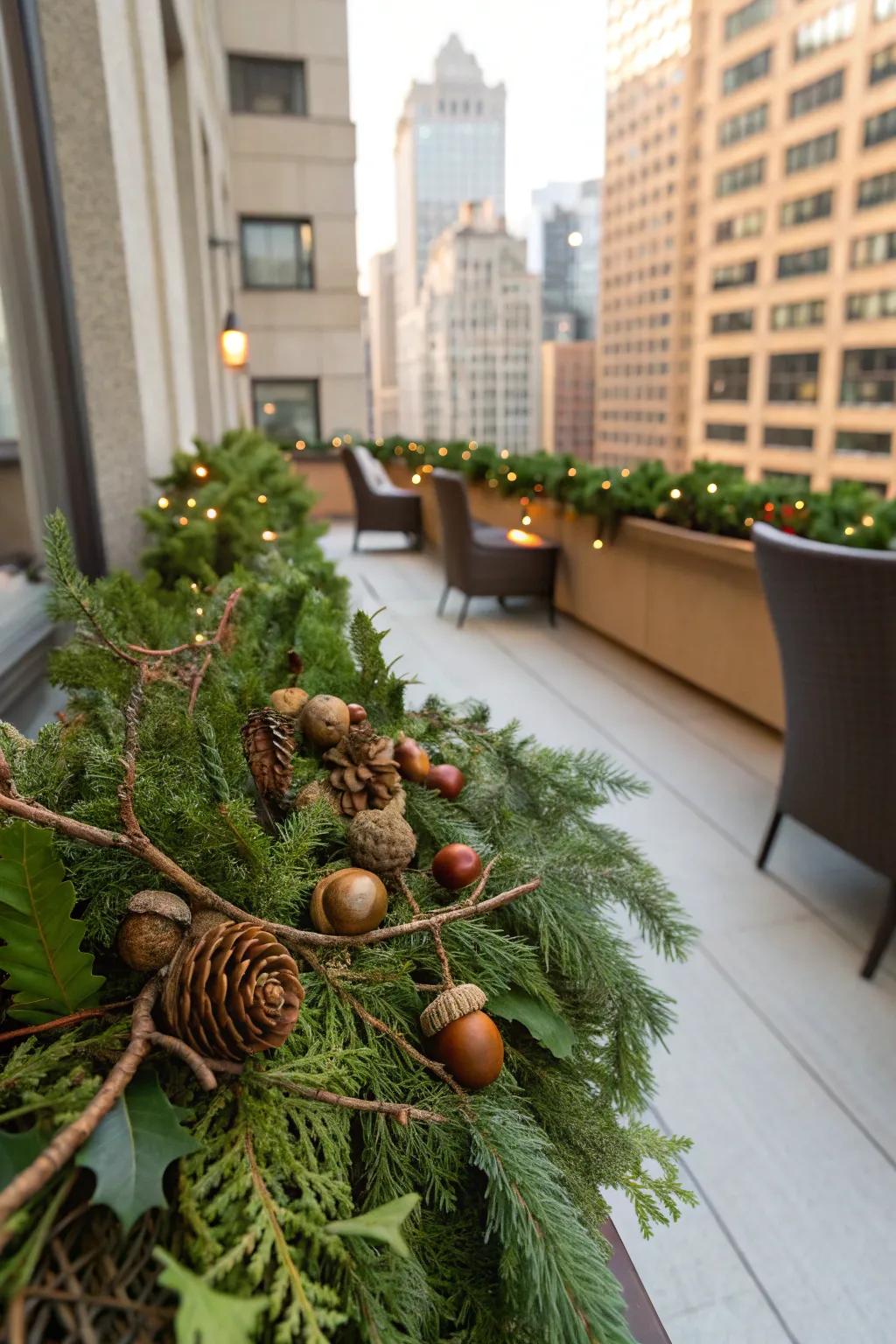 A nature-inspired swag featuring acorns and twigs in an apartment.