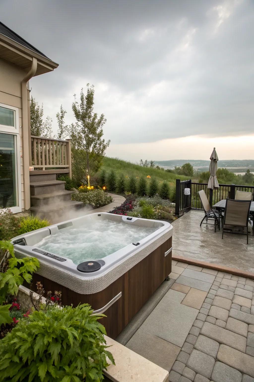 A deluxe Jacuzzi offers relaxation just outside a walkout basement.