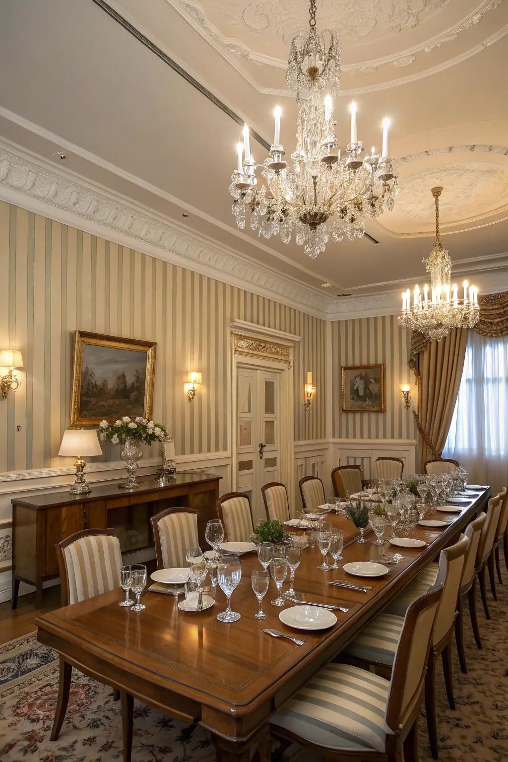 Classic stripes in fabric wallpaper provide timeless elegance.